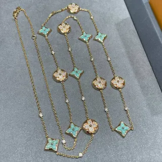 Louis Vuitton Gold Blue Chain Turquoise Enamel Quatrefoils Necklace