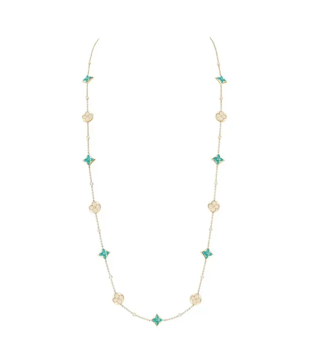 Louis Vuitton Gold Blue Chain Turquoise Enamel Quatrefoils Necklace 9