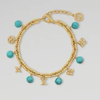 Louis Vuitton Gold Blue Chunky Curb Chain Turquoise Bead Charms Bracelet