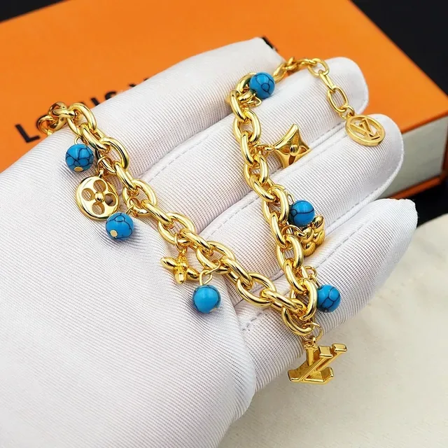 Louis Vuitton Gold Blue Chunky Curb Chain Turquoise Bead Charms Bracelet 3