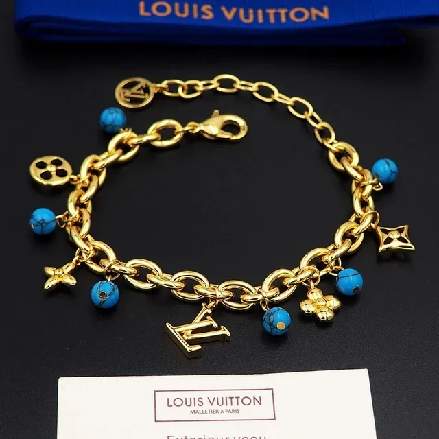 Louis Vuitton Gold Blue Chunky Curb Chain Turquoise Bead Charms Bracelet 4