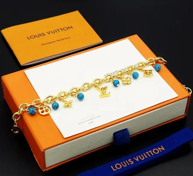 Louis Vuitton Gold Blue Chunky Curb Chain Turquoise Bead Charms Bracelet 5