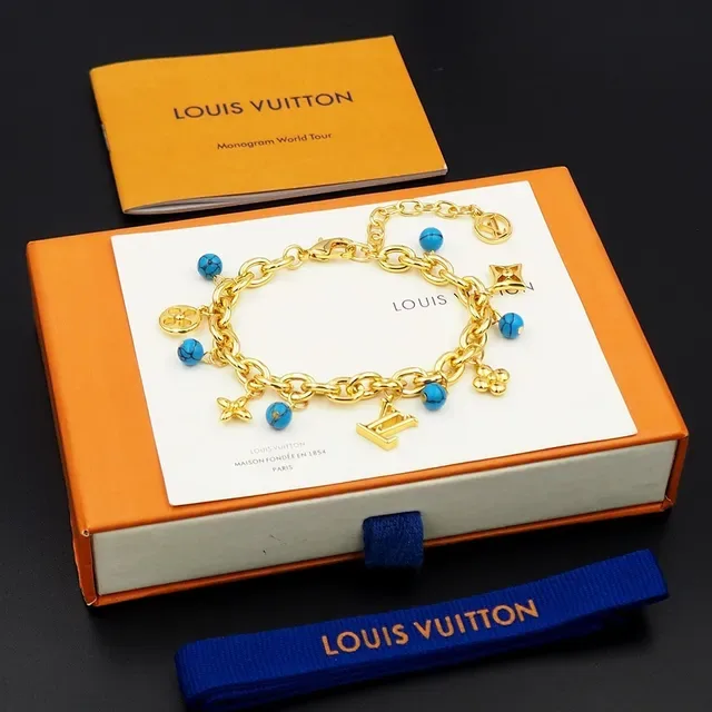 Louis Vuitton Gold Blue Chunky Curb Chain Turquoise Bead Charms Bracelet 6