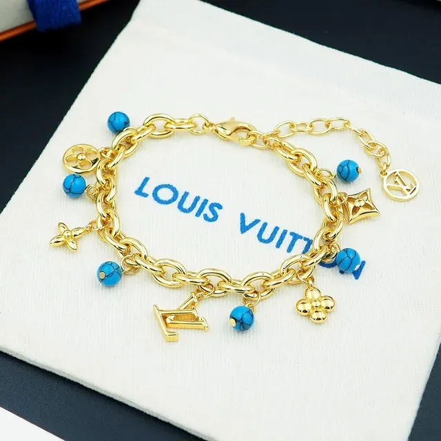 Louis Vuitton Gold Blue Chunky Curb Chain Turquoise Bead Charms Bracelet 8