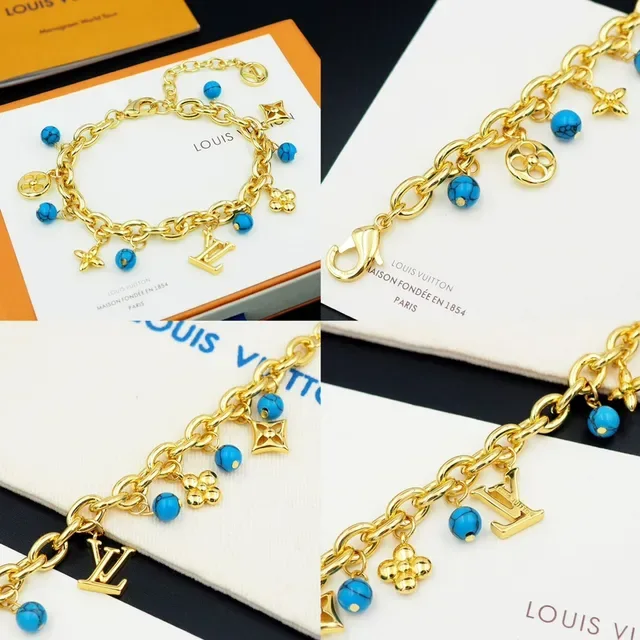 Louis Vuitton Gold Blue Chunky Curb Chain Turquoise Bead Charms Bracelet 9