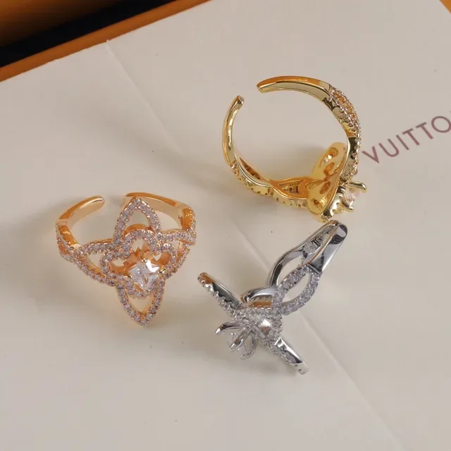 Louis Vuitton Gold Silver Floral/star-Shaped Pavé Setting Open Adjustable Band Ring 9