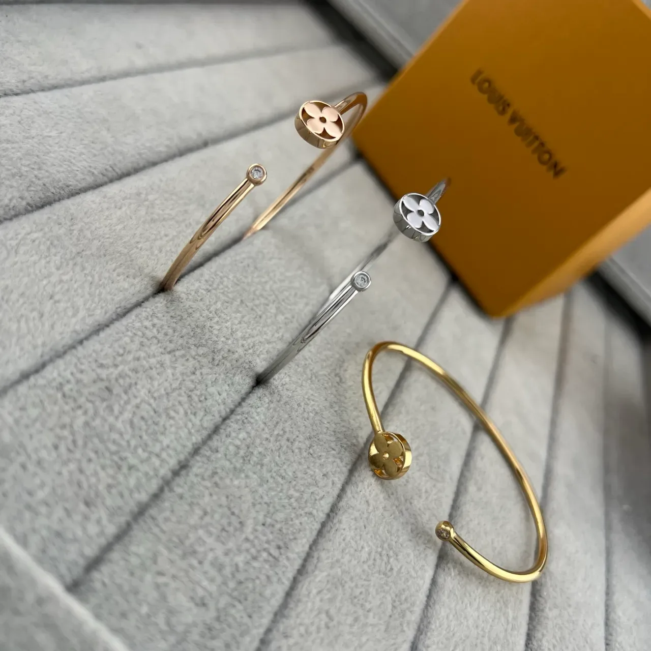 Louis Vuitton Gold Silver Open-Cuff Flower-Cutout Bracelet 7