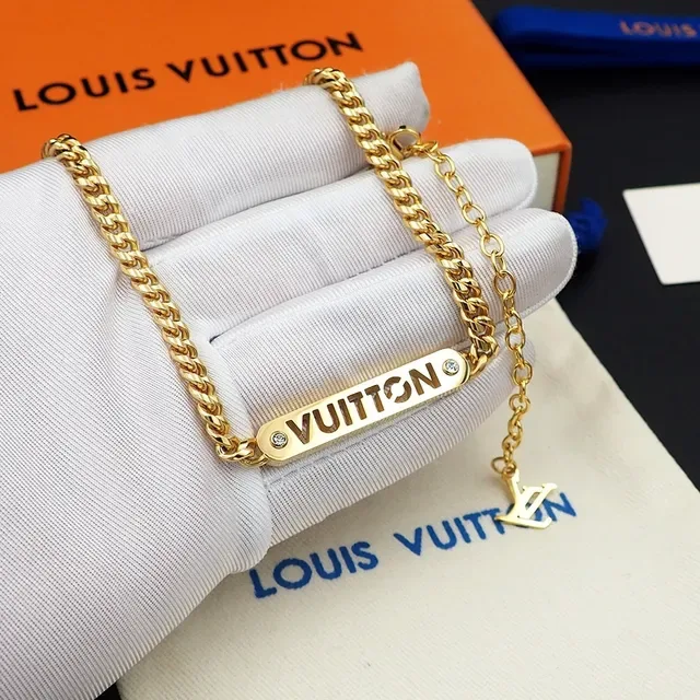 Louis Vuitton Gold-Tone Engraved Bar Pendant Necklace 2