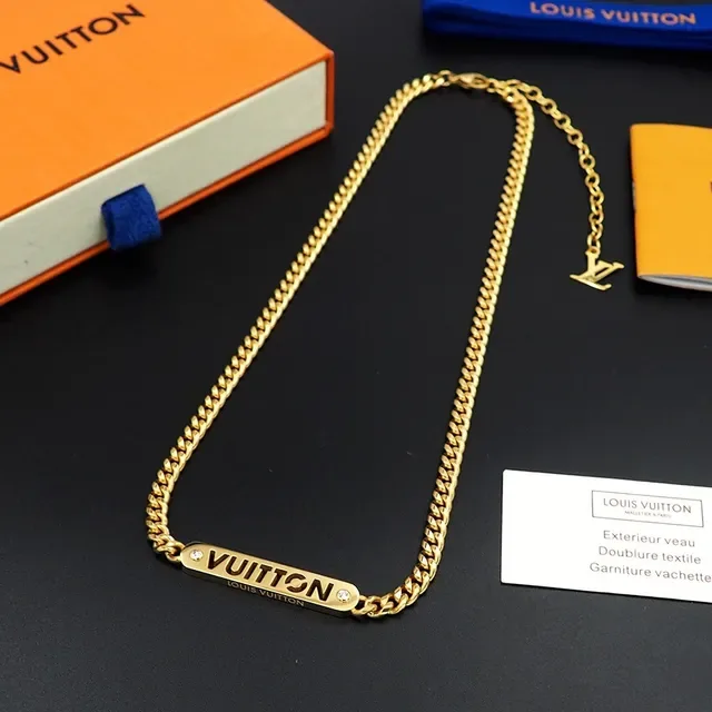 Louis Vuitton Gold-Tone Engraved Bar Pendant Necklace 5