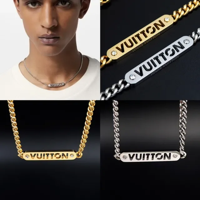 Louis Vuitton Gold-Tone Engraved Bar Pendant Necklace 7