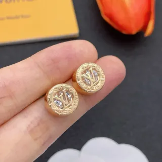 Louis Vuitton Gold Transparent Circular Stud Monogram-Engraved Earrings