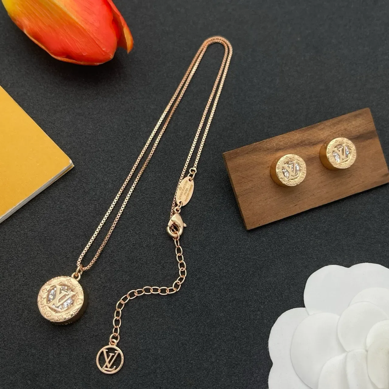 Louis Vuitton Gold Transparent Circular Stud Monogram-Engraved Earrings 4