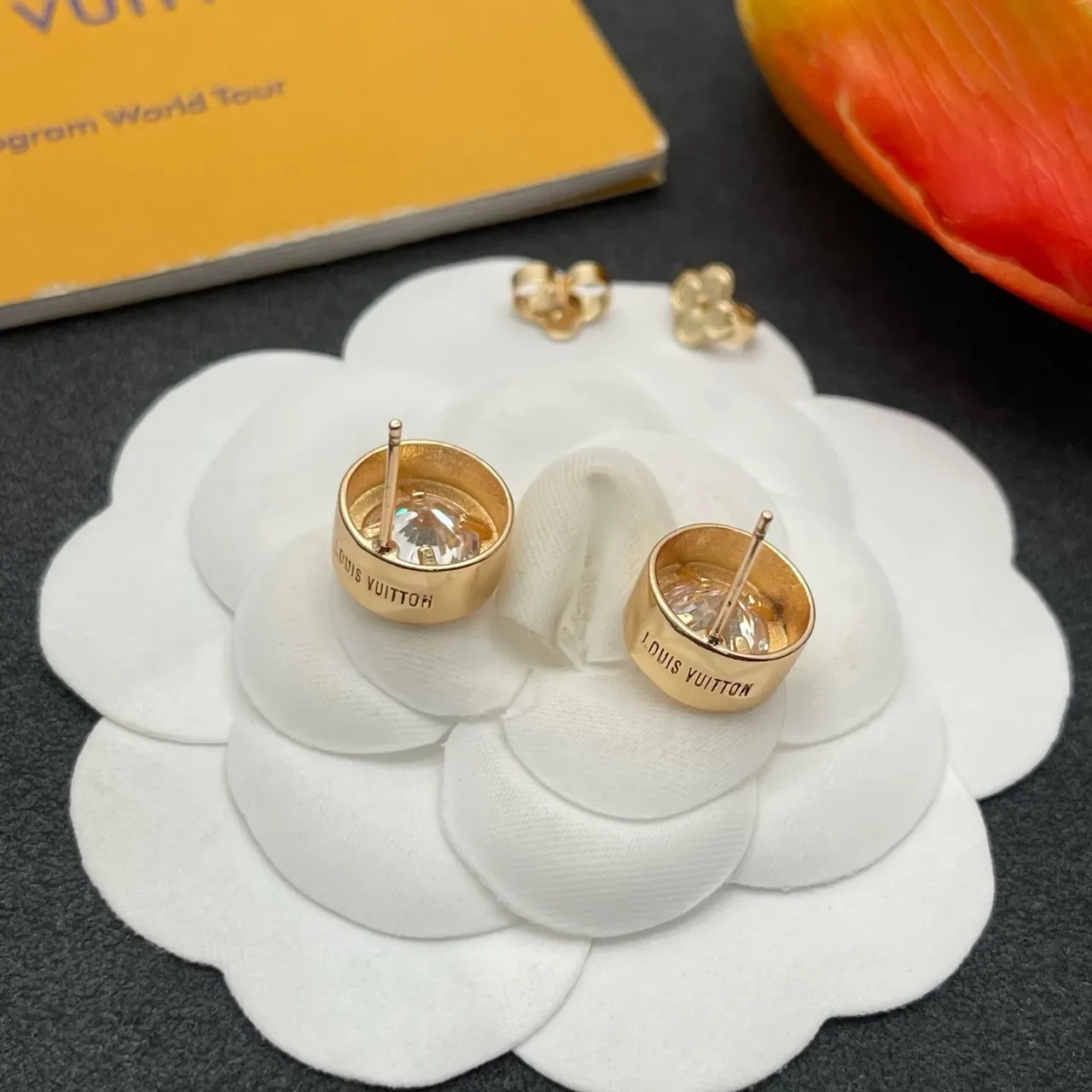 Louis Vuitton Gold Transparent Circular Stud Monogram-Engraved Earrings 5