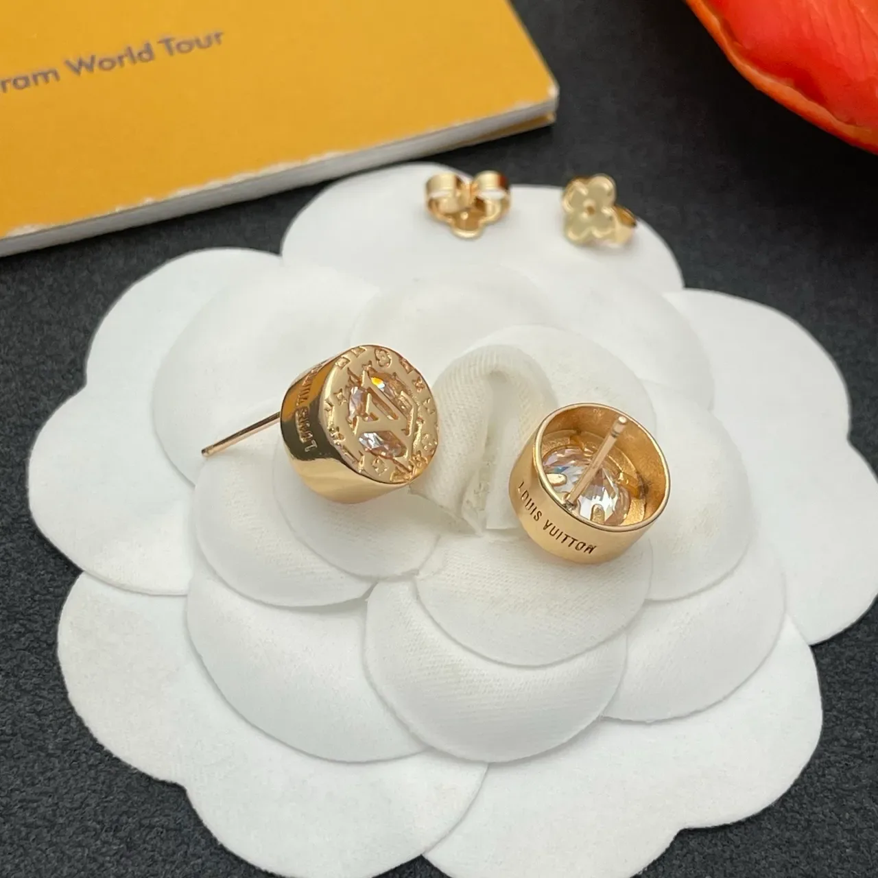 Louis Vuitton Gold Transparent Circular Stud Monogram-Engraved Earrings 6
