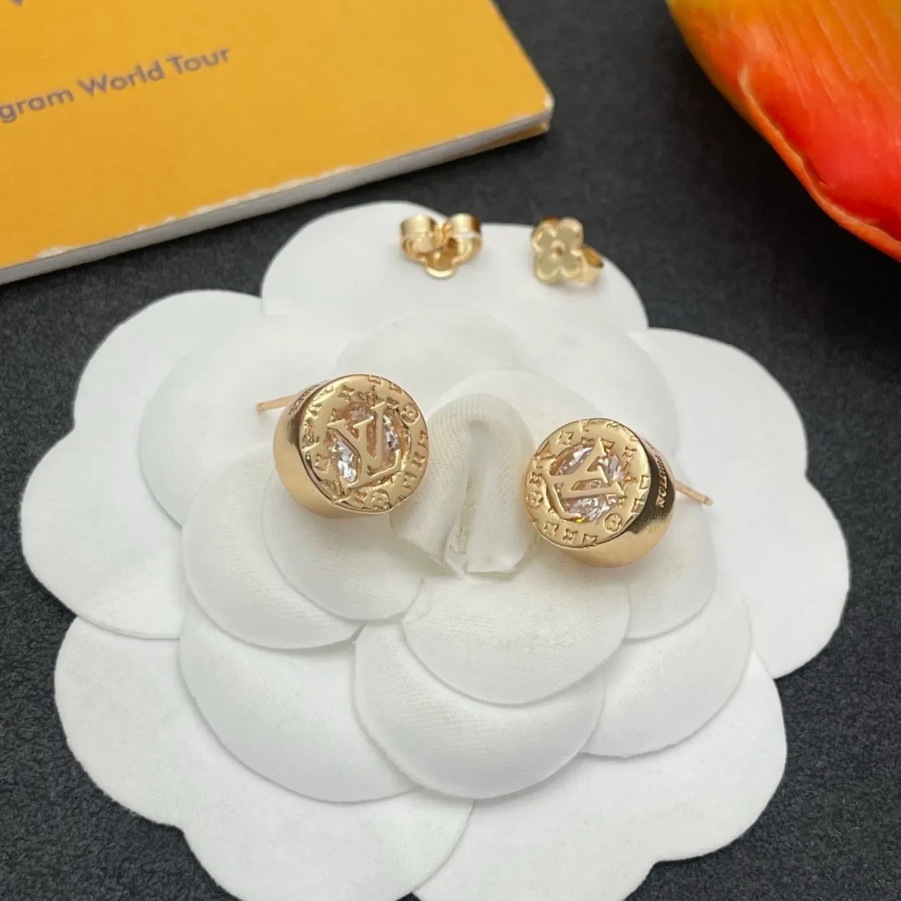 Louis Vuitton Gold Transparent Circular Stud Monogram-Engraved Earrings 7