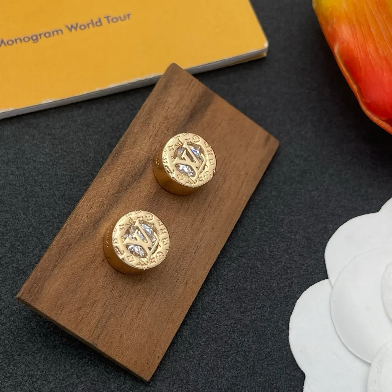 Louis Vuitton Gold Transparent Circular Stud Monogram-Engraved Earrings 8