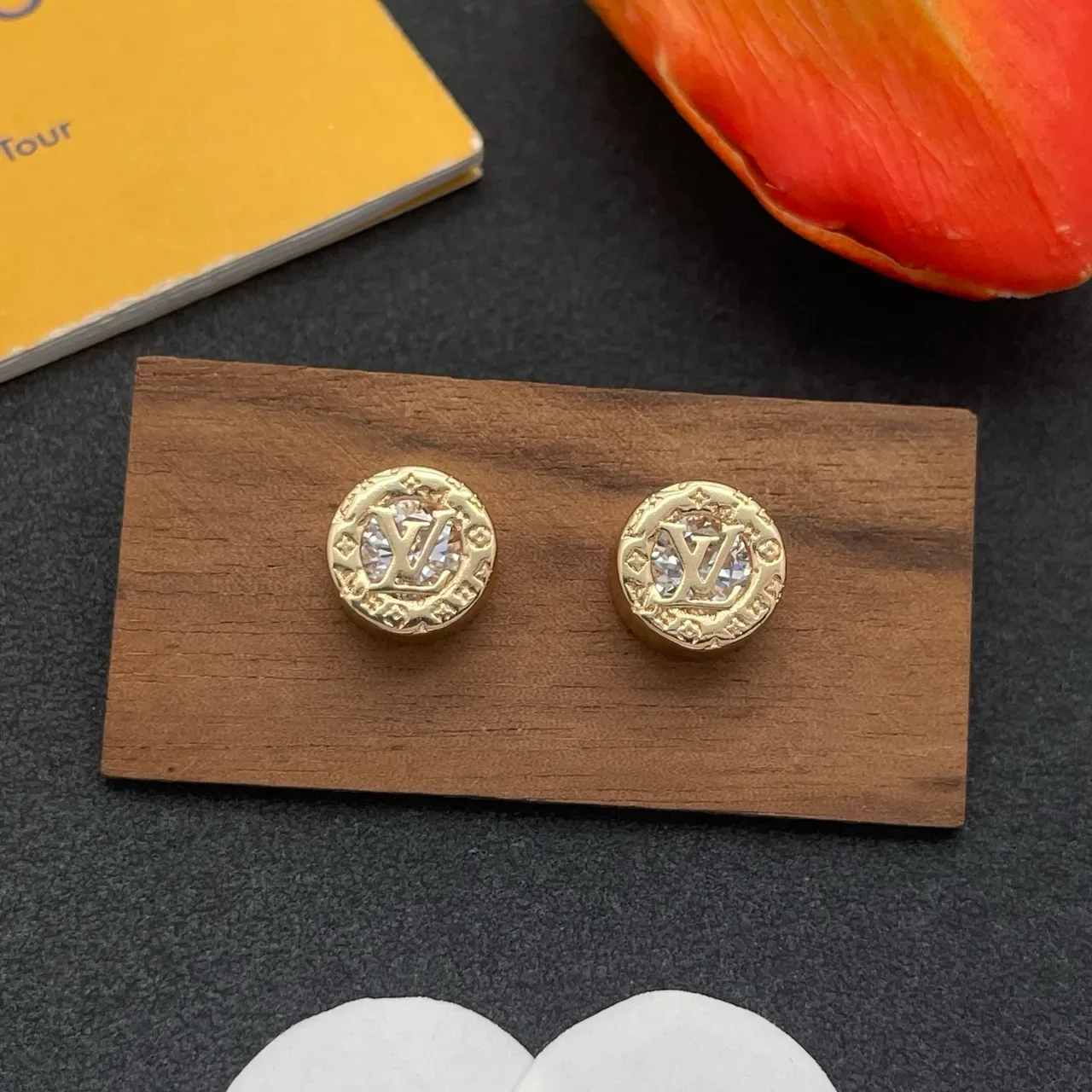Louis Vuitton Gold Transparent Circular Stud Monogram-Engraved Earrings 9