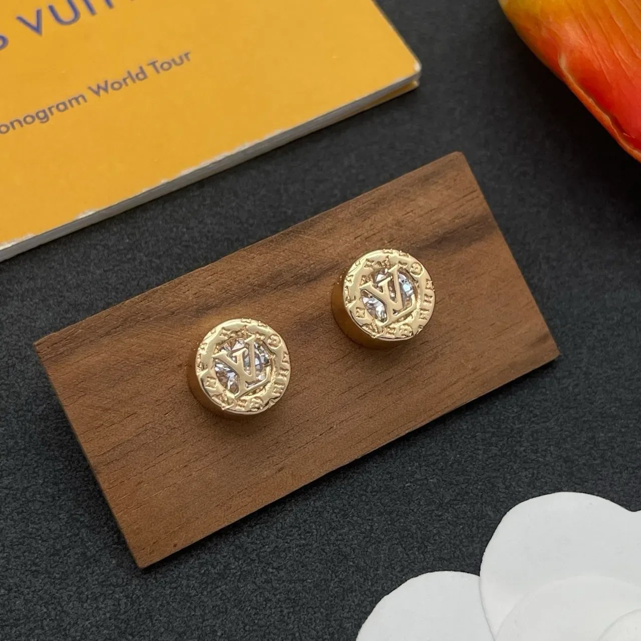 Louis Vuitton Gold Transparent Circular Stud Monogram-Engraved Earrings 10