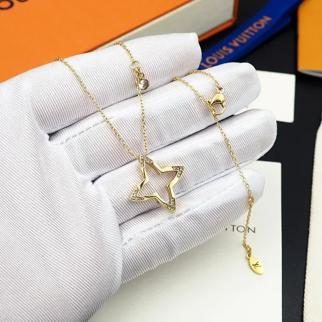 Louis Vuitton Gold Transparent Open Star Pendant Pavé Crystal Accents Necklace 7