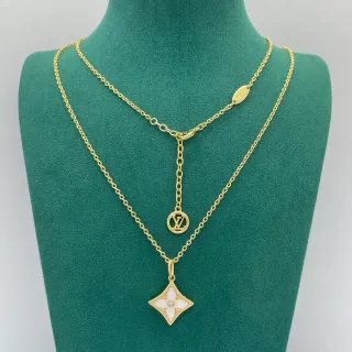 Louis Vuitton Gold White Layered Chain Quatrefoil Pendant Necklace