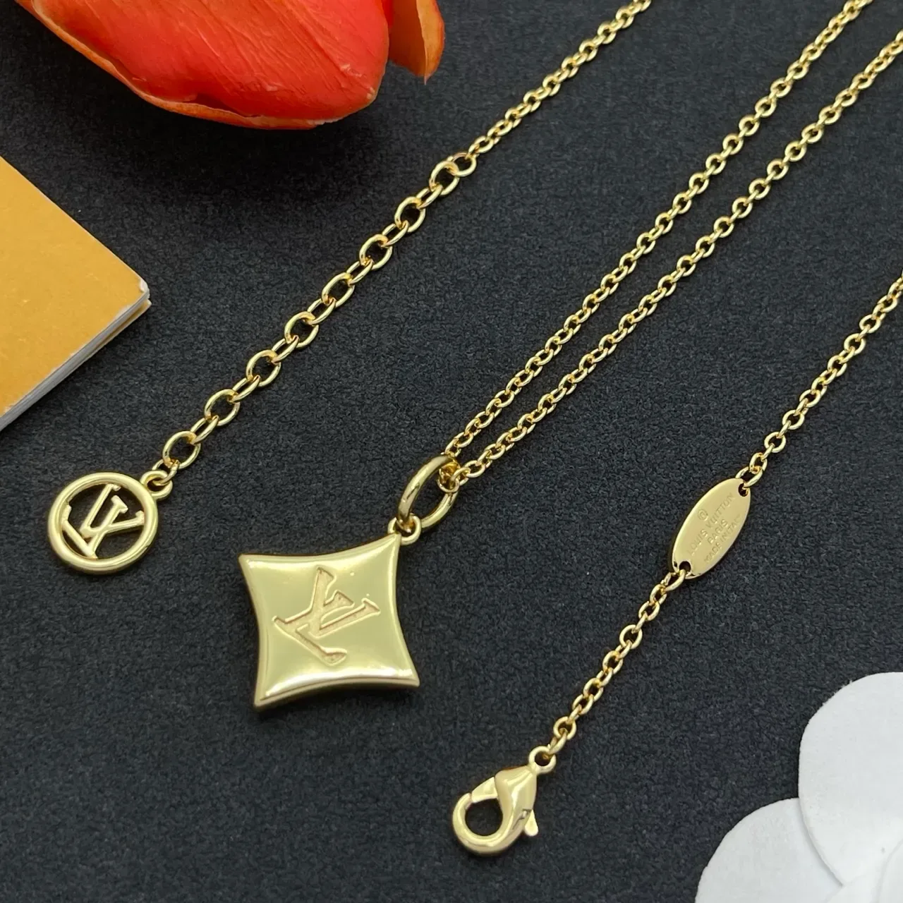 Louis Vuitton Gold White Layered Chain Quatrefoil Pendant Necklace 4