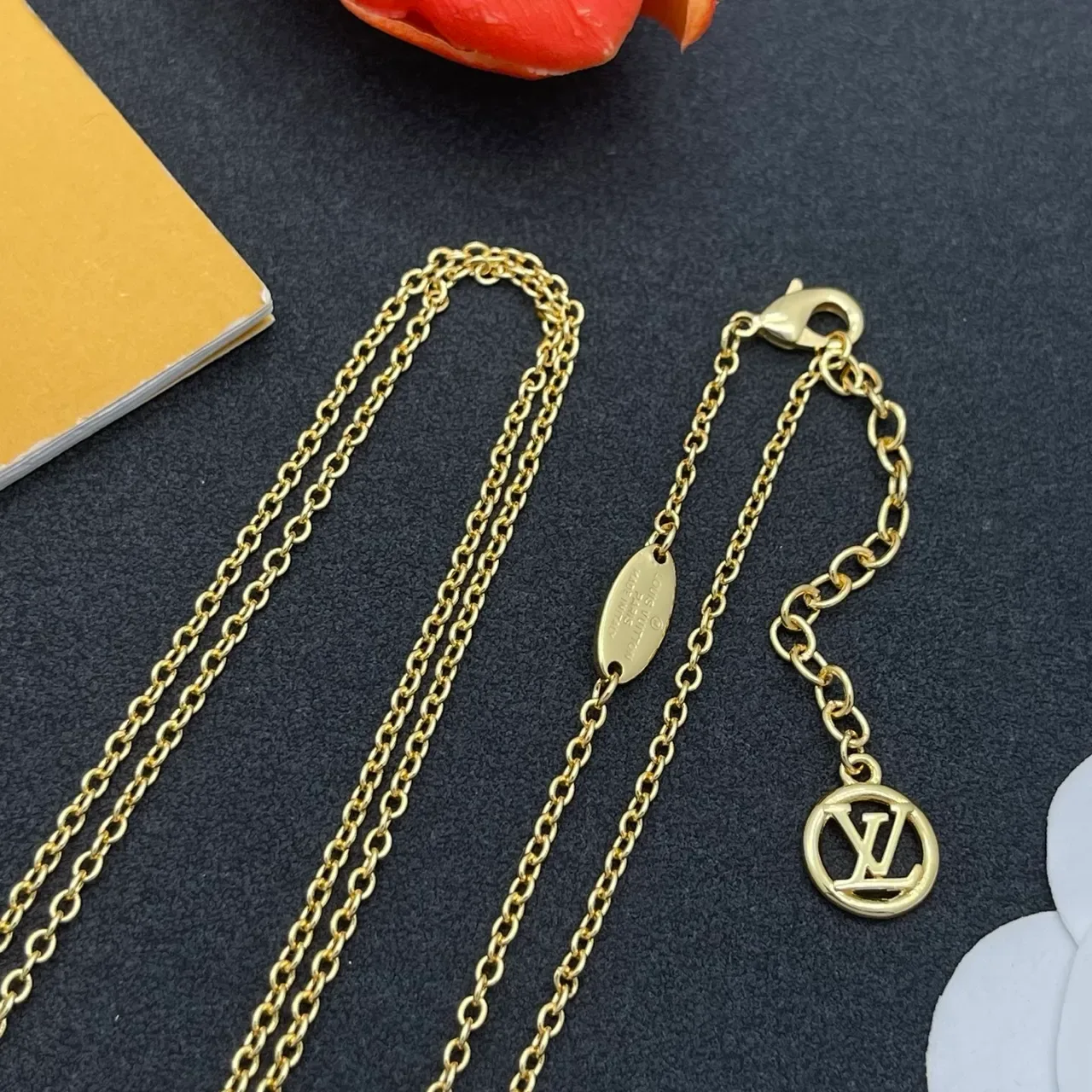 Louis Vuitton Gold White Layered Chain Quatrefoil Pendant Necklace 5