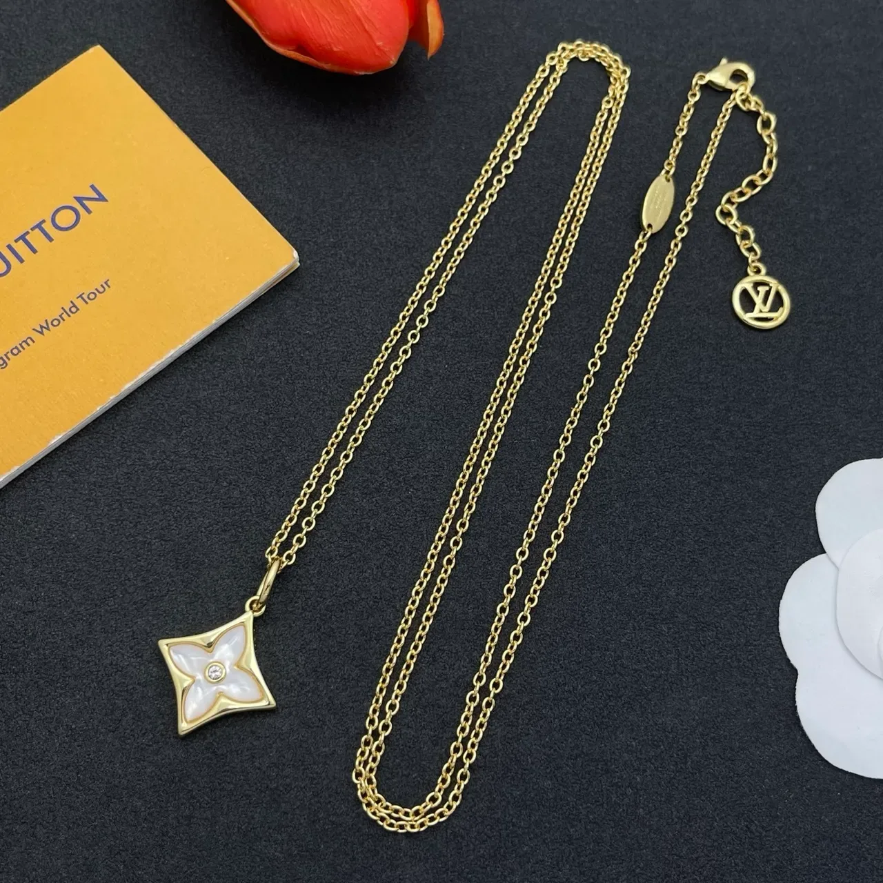 Louis Vuitton Gold White Layered Chain Quatrefoil Pendant Necklace 6
