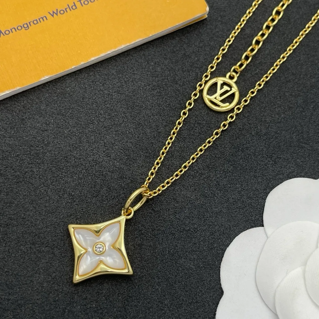 Louis Vuitton Gold White Layered Chain Quatrefoil Pendant Necklace 7