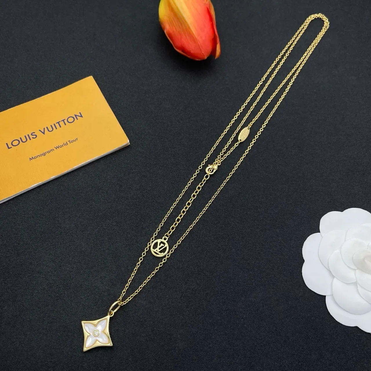 Louis Vuitton Gold White Layered Chain Quatrefoil Pendant Necklace 8