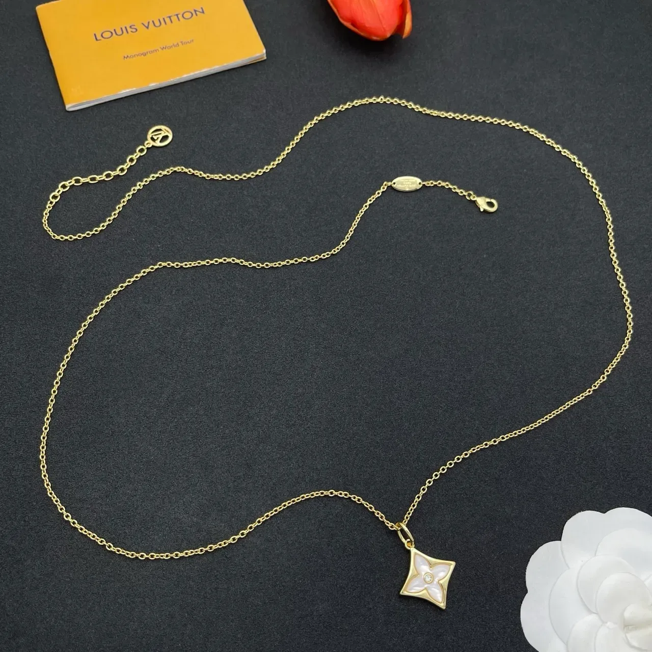 Louis Vuitton Gold White Layered Chain Quatrefoil Pendant Necklace 9