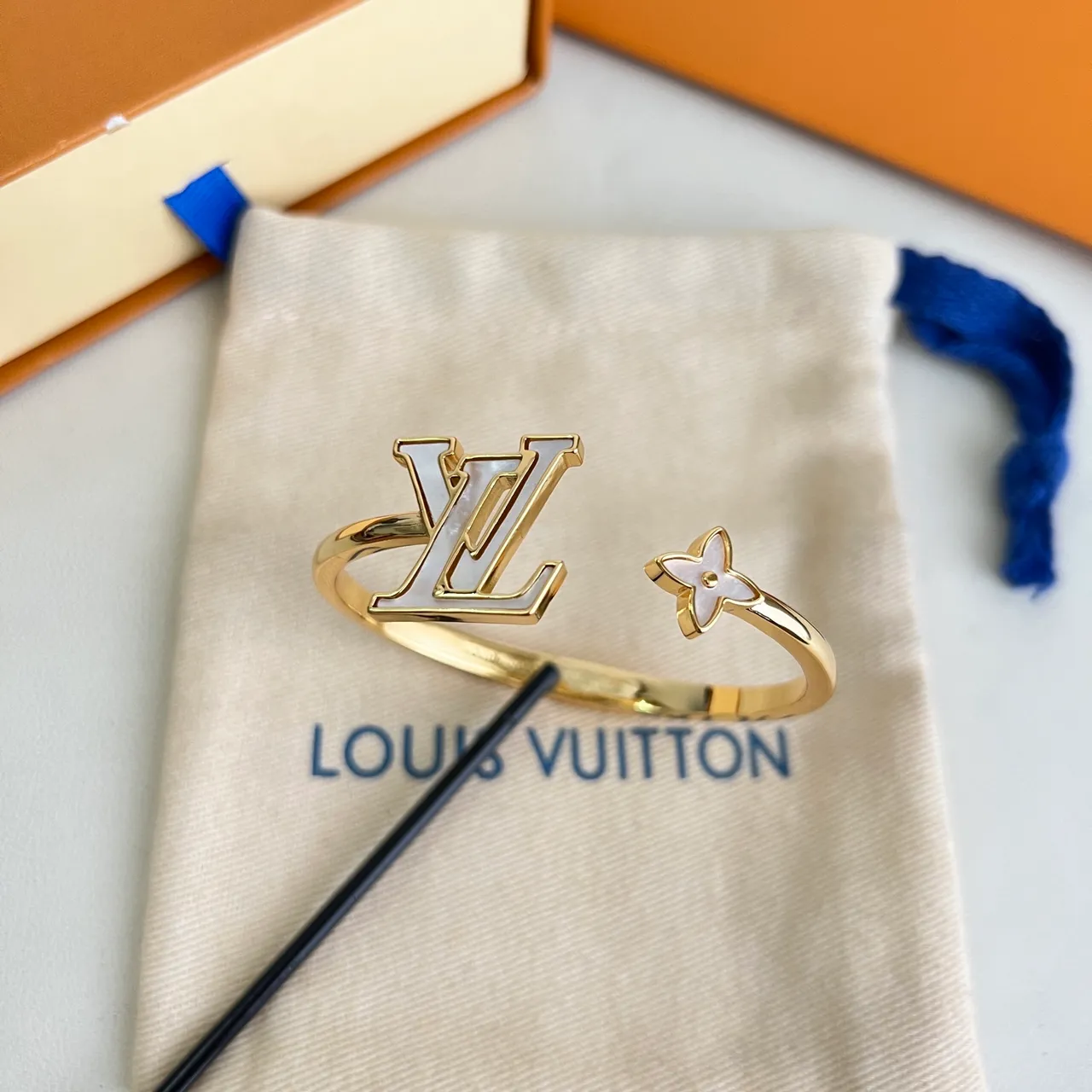 Louis Vuitton Gold White Open Bangle Bracelet 4