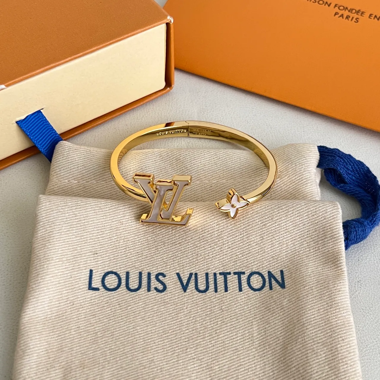 Louis Vuitton Gold White Open Bangle Bracelet 5
