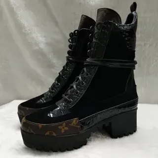 Louis Vuitton Le Cagole Black Brown Platform Sole Monogram Canvas Toe Cap Ankle Boots