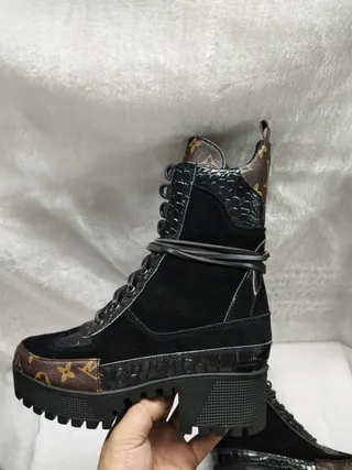 Louis Vuitton Le Cagole Negro Marrón Suela de Plataforma Lona Monograma Bota de Dedo Botas de Tobillo 2