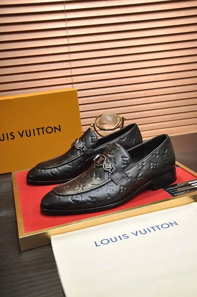 Louis Vuitton Loafer Black Silver Monogram-Embossed Leather Metal LV Buckle Loafer 4