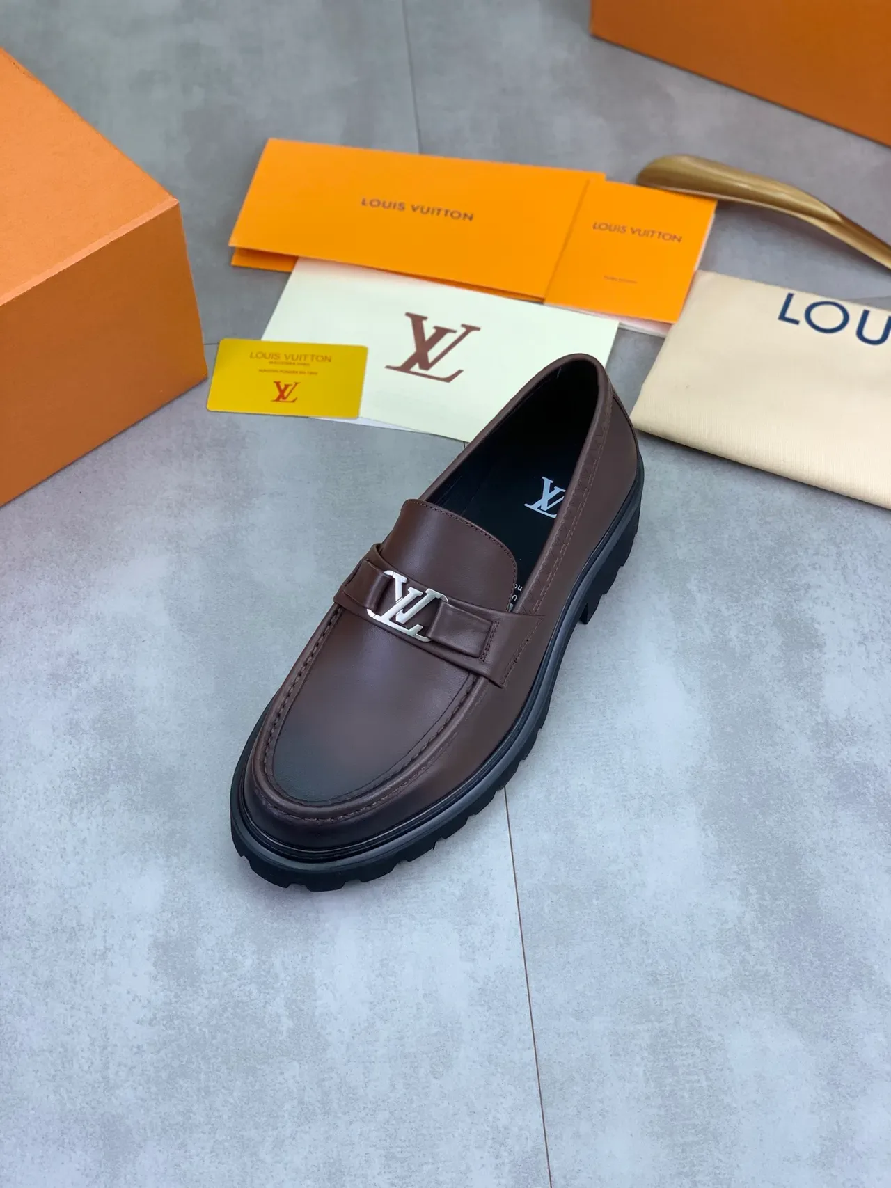 Louis Vuitton Loafer Brown Black Leather Metal LV Buckle Loafer 4