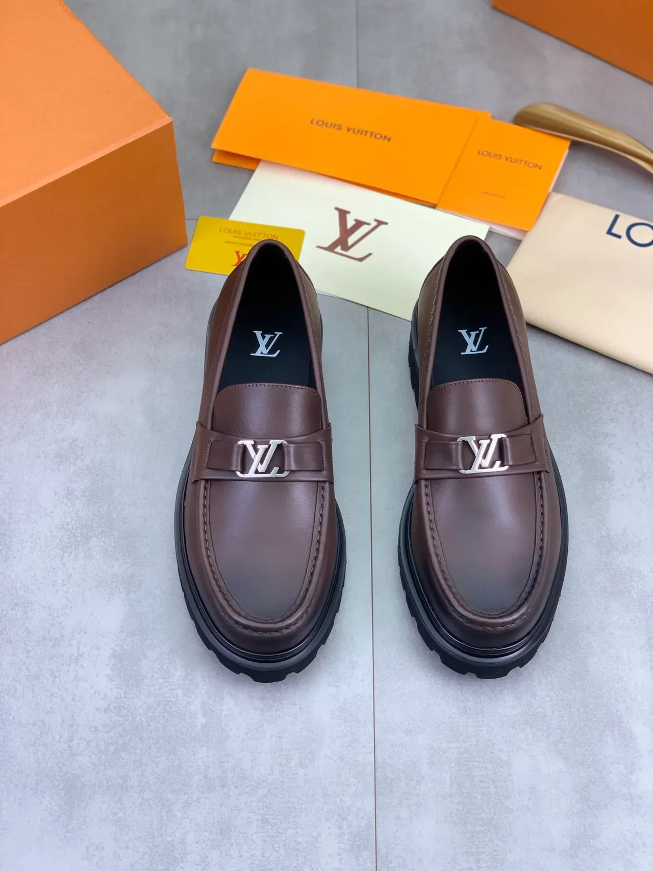 Louis Vuitton Loafer Brown Black Leather Metal LV Buckle Loafer 5