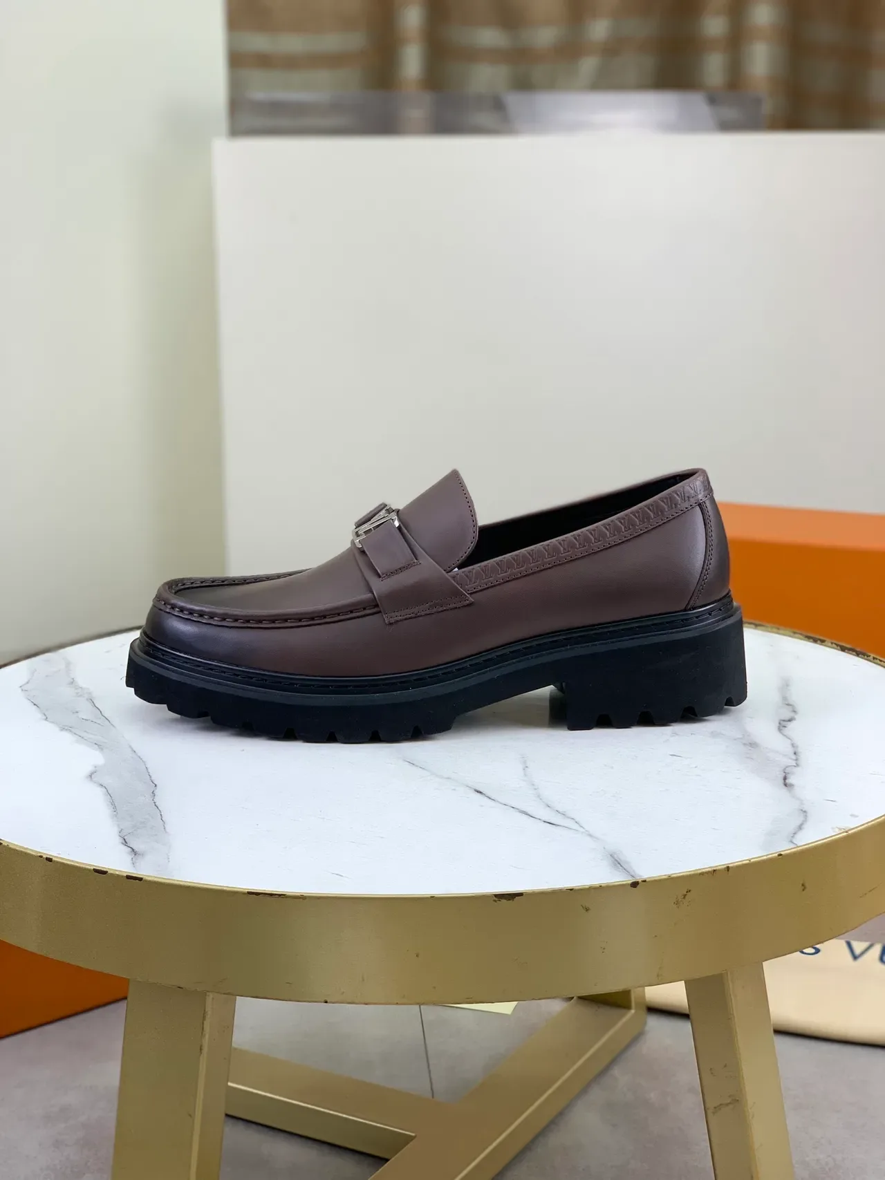 Louis Vuitton Loafer Brown Black Leather Metal LV Buckle Loafer 6