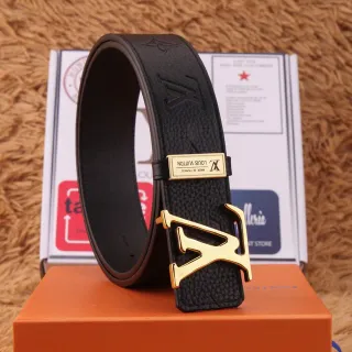 Louis Vuitton LV Belt Black Grained Leather Gold-Tone Buckle Leather Belt