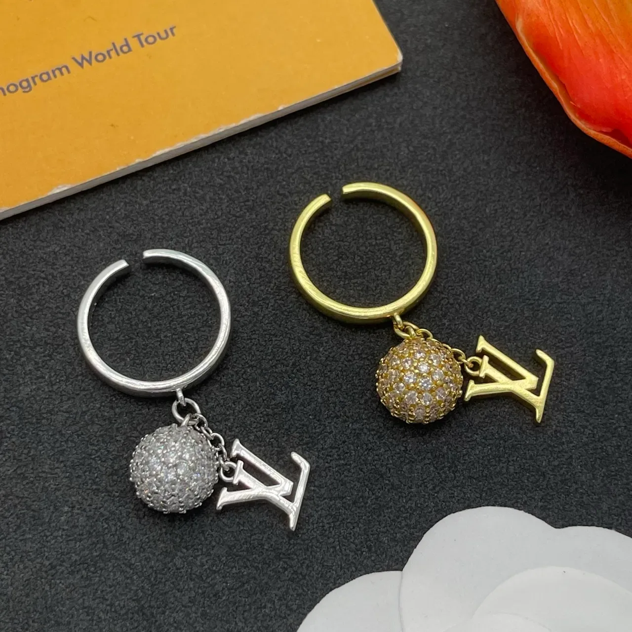 Louis Vuitton LV Monogram Charm Ring Gold Silver Pavé Crystal Sphere Ring 2