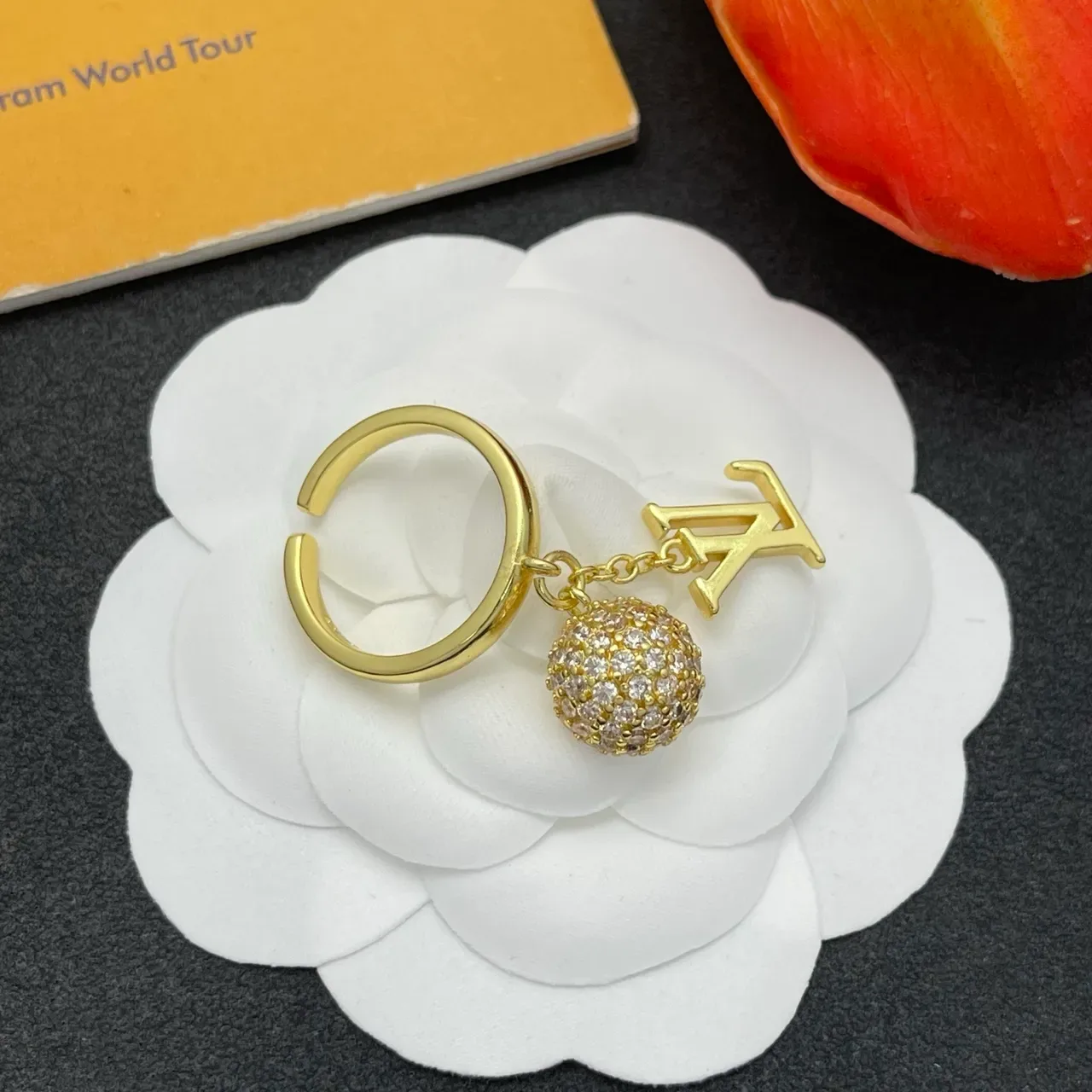 Louis Vuitton LV Monogram Charm Ring Gold Silver Pavé Crystal Sphere Ring 5