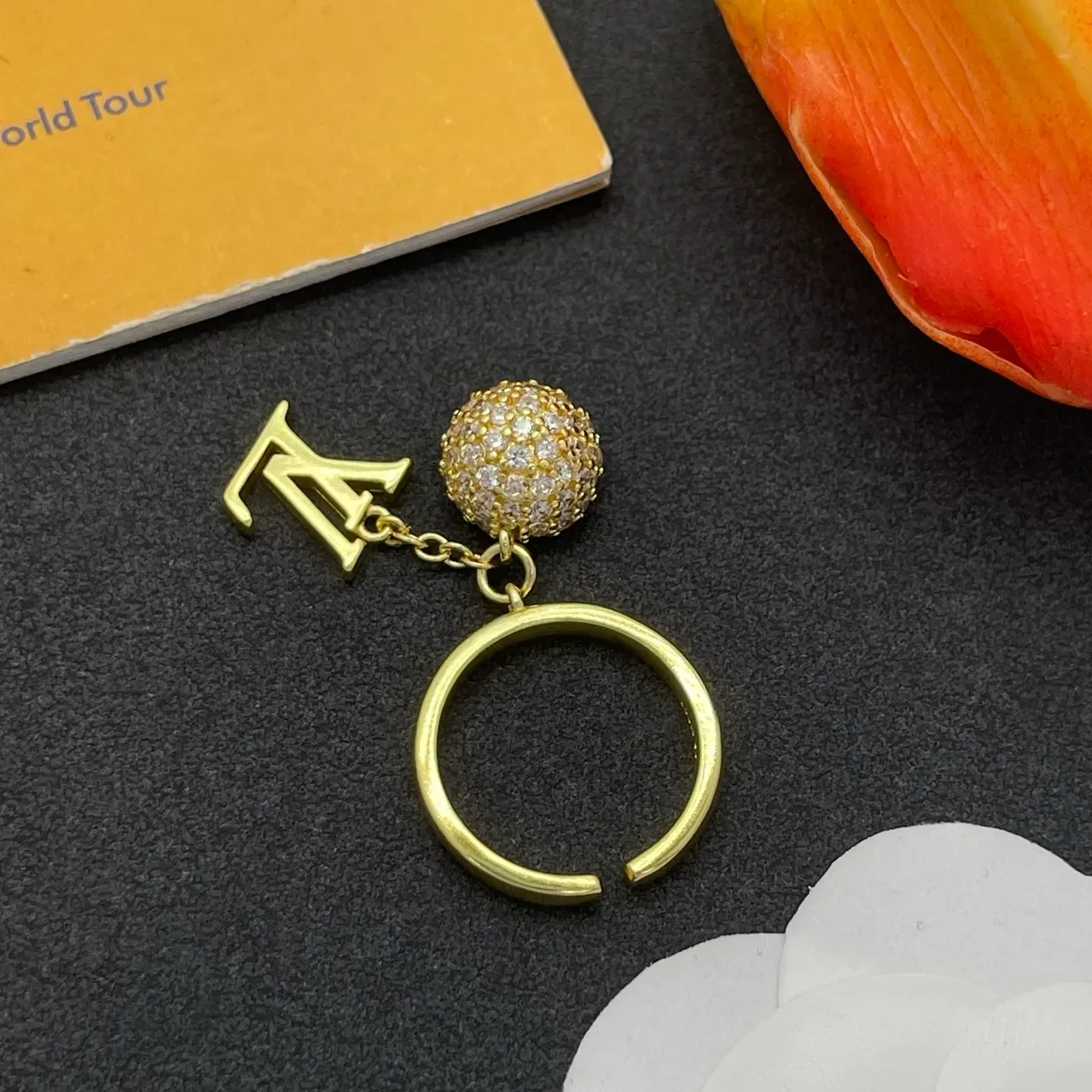 Louis Vuitton LV Monogram Charm Ring Gold Silver Pavé Crystal Sphere Ring 6