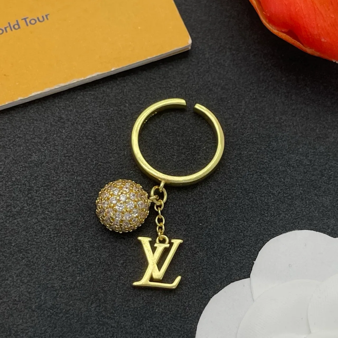 Louis Vuitton LV Monogram Charm Ring Gold Silver Pavé Crystal Sphere Ring 7