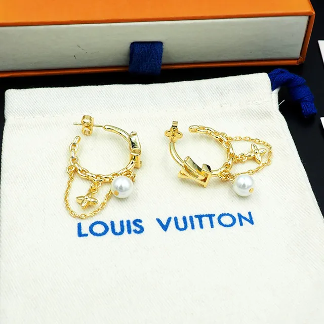 Louis Vuitton LV Monogram Hoop Gold White Pendant Earrings 2