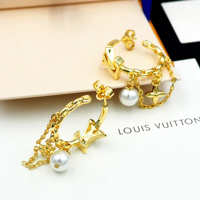 Louis Vuitton LV Monogram Hoop Gold White Pendant Earrings 4