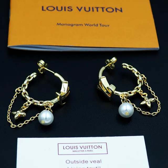 Louis Vuitton LV Monogram Hoop Gold White Pendant Earrings 5