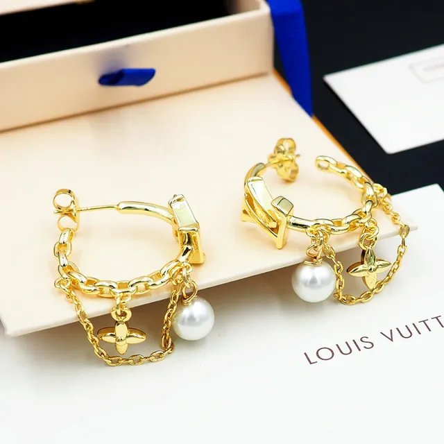 Louis Vuitton LV Monogram Hoop Gold White Pendant Earrings 6