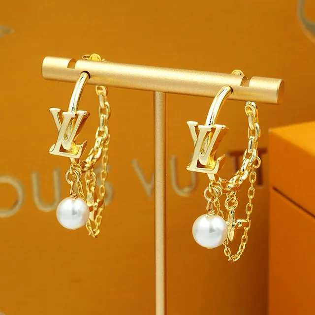 Louis Vuitton LV Monogram Hoop Gold White Pendant Earrings 7