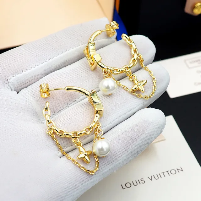 Louis Vuitton LV Monogram Hoop Gold White Pendant Earrings 8