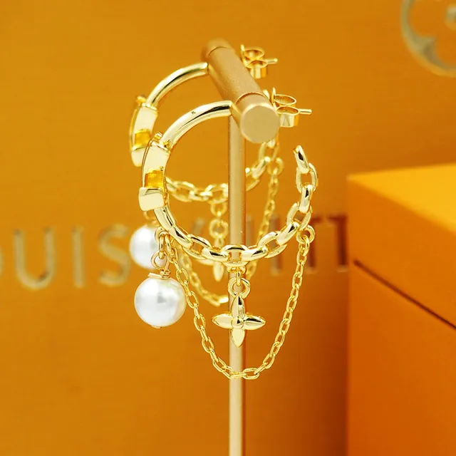 Louis Vuitton LV Monogram Hoop Gold White Pendant Earrings 9